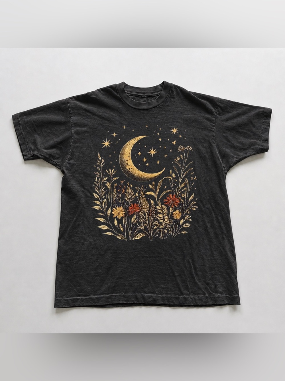 Black Short-Sleeve Tee with Gold Moon & Floral Graphic